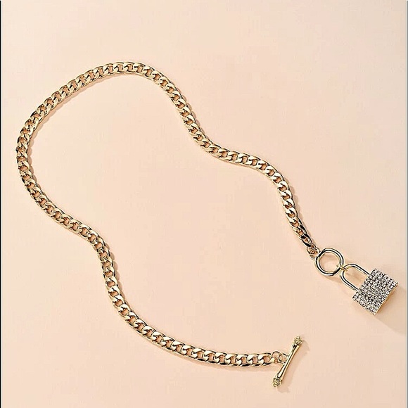 Gold Lock Rhinestone Chain Link Toggle Necklace - Picture 8 of 10